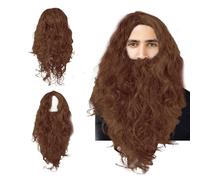 EUPSIIU Mens Wigs Curly Fluffy Wig and Moustache Cosplay Halloween Character Costume Brown Wig Beard Fancy Dress Costume Layered Curly Fake Wizard Wig Adult Christmas Cosplay Party Wig(Brown)