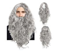 EUPSIIU Mens Wigs Long Curly Fluffy Wig and Moustache Cosplay Halloween Character Costume Grey Wig Beard Fancy Dress Costume Layered Curly Fake Wizard Wig Adult Christmas Cosplay Party Wig (Grey)