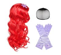 EUPSIIU Mermaid Costume Wigs and Gloves Angels Princess Little Mermaid Themed Pretend Fancy Dress Up Costume Wig Red Long Curly Cosplay Wig Adult Kids Mermaid for Halloween Christmas Party (Red)