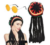 EUPSIIU Rasta Hat with Yellow Glasses Long Braided Hat, Black Braided Wig Cap, Funny Costume for Adult, Jamaican Dreadlocks Wig, Masquerade Costume Accessories for Parties, Cosplay (Black)