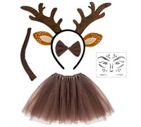 EUPSIIU Reindeer Headband, Deer Face Tattoo, Antler Headband, Reindeer Tail Bow Tie and Kids Tutu Skirt, Women's Costume, Halloween, Carnival, Christmas, Elves Party