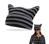 EUPSIIU Women's Cat Beanie Crochet Hats with Ears, Beanie Hat, Winter Warm Elastic Cat Ear Cap, Knitted Striped Winter Warm Elastic Cap for Girls Adults Kids, One Size (Black-Grey)