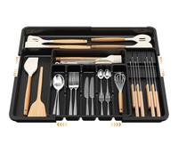 Euqvunn Cutlery Drawer Organiser, Expandable Large Utensil Holder with 2 Removable Knife Blocks, 6-9 Slots Adjustable Cutlery Tray for Kitchen Drawer, Compact Plastic Storage for Forks Knives(Black)