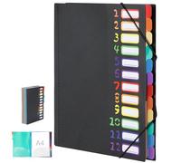 Euqvunn 12-Pocket Expanding File Folder,180° Lay-Flat Open File Organiser, Filing Folder with Elastic Band, Black A4 Document Organiser with Rainbow Label, Ideal for Office School