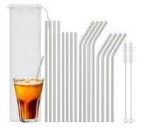 Euqvunn 16 Pcs Metal Straws Set - 8 Straight & 8 Curved (Long & Short), Reusable Stainless Steel Straws with 2 Cleaning Brushes & Bag, Dishwasher Safe