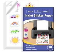 Euqvunn 18 Sheets Sticker Paper for Printer A4, Matte White Water Resistant Printable Vinyl Sticker Paper, Quick Dry, Self-Adhesive Full Page for Inkjet Printers, 210x297mm