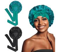 Euqvunn 2Pcs Hair Bonnet for Sleeping, Satin Hair Bonnet with 6.2×63cm Widen Tie Band, Sleep Bonnet, Bonnets for Women Suitable for Night Sleep, Long/Straight/Curly Hair Protection (Black Cyan)