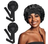 Euqvunn 2Pcs Hair Bonnet for Sleeping, Satin Hair Bonnet with 6.2×63cm Widen Tie Band, Sleep Bonnet, Bonnets for Women Suitable for Night Sleep, Long/Straight/Curly Hair Protection (Black)