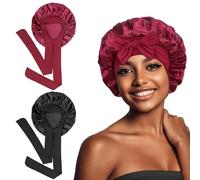 Euqvunn 2Pcs Hair Bonnet for Sleeping, Satin Hair Bonnet with 6.2×63cm Widen Tie Band, Sleep Bonnet, Bonnets for Women Suitable for Night Sleep, Long/Straight/Curly Hair Protection (Black Red)
