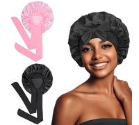 Euqvunn 2Pcs Hair Bonnet for Sleeping, Satin Hair Bonnet with 6.2×63cm Widen Tie Band, Sleep Bonnet, Bonnets for Women Suitable for Night Sleep, Long/Straight/Curly Hair Protection (Black Pink)