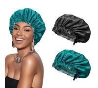 Euqvunn 2Pcs Satin Hair Bonnet, Hair Bonnet for Sleeping Adjustable with Wide Elastic Band, Two Color Double-Sided, Suitable for Night Sleep, Long/Straight/Curly Hair Protection (Black Cyan)