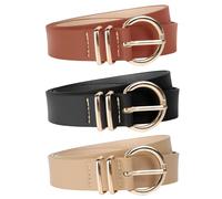 Euqvunn 3 Pack Women PU Belts, Retro Women's Belts Adjustable Ladies Waist Belt Fashion Waistband with Gold Buckle for Jeans Dresses Pants Coat Women Accessories Wide Black Brown Beige Waist Strap