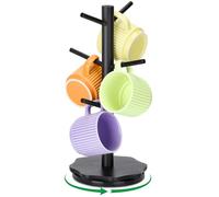 Euqvunn 360° Rotating Black Mug Tree, Kitchen Countertops Coffee Cup Holder, Sturdy Petal Wooden Base Cup Holder, Mug Holders for Kitchen Coffee Bar, Storage Rack with 6 Hooks - Black