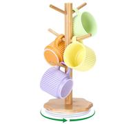 Euqvunn 360° Rotating Mug Tree, Kitchen Countertops Coffee Cup Holder, Sturdy Petal Wooden Base Cup Stand, Mug Stand Holder for Coffee Bar Home Office, Storage Rack with 6 Hooks - Wood