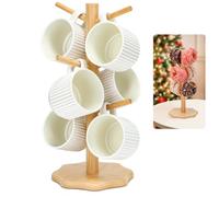 Euqvunn Mug Tree 6 Mugs, Wooden Mug Tree Holder Cup Holder Tree with Thickened Base, Kitchen Countertop Cup Tree Coffee Cup Holder Storage Rack with 6 Hooks