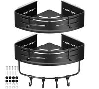 Euqvunn Corner Shower Caddy, 2 Pack Adhesive Shower Shelves No Drilling, Rustproof Waterproof Bathroom Organizer, Wall Mounted with 8 Hooks (Black)