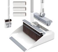 Euqvunn Dustpan and Brush Sets Long Handled, 3-in-1 [Large Lint Roller] Sweeping Brush Indoor Broom 180° Rotation, Dust Pan with Comb Teeth, Sticky Rolls 3 Refills 150 Sheets for Home Kitchen Lobby