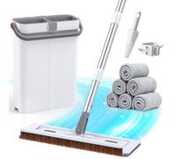 Euqvunn Flat Mop and Bucket Set, Wet and Dry Use Mop for Cleaning Floors with 6 Reusable Microfibre Mop Pads, Wash & Squeeze Mop Bucket, Scraper, Mop Holder - 40 x 12 x 135 cm