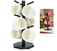 Euqvunn Mug Tree 6 Mugs, Wooden Cup Holder Black Mug Stand with Thickened Base, Kitchen Countertop Mug Tree Coffee Cup Holder Storage Rack with 6 Hooks