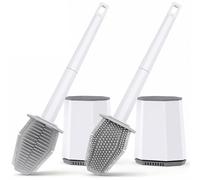 Euqvunn Silicone Toilet Brush & Holders, 2 Pack Toilet Cleaner Brush Set Wall Mounted, Deep Cleaner Loo Brush with Dual-sided Head and Long Plastic Handle, Anti-drip Bathroom Accessories (White)