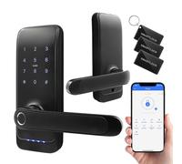 EURA ELH-01H4 Smart Door Lock with Handle, Code Lock, 13.56MHz Proximity Reader, Biometric Reader, App TTLock/TTHotel, IP65, Universal Latch Spacing, Black