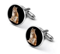 Eurasian Lynx Cufflinks for Men Round Cuff Links Black Tie Clips for Business Wedding Graduation