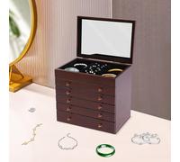 EurHomePlus 6-Layer Wooden Large Retro Jewellery Box, Large Jewellery Box, Rectangular, Brown with Mirror, with Mirror and 5 Drawers, 30 x 20.2 x 29 cm