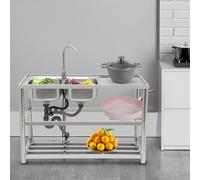 EurHomePlus Freestanding Stainless Steel Kitchen Sink Set, 360° Rotating Faucet with Cold and Hot Water Inlet Pipes, 2 Basins and Workbench, for Indoor and Outdoor Places Kitchen Restaurants