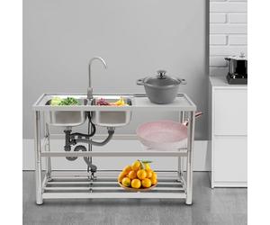 EurHomePlus Freestanding Stainless Steel Kitchen Sink Set, 360° Rotating Faucet with Cold and Hot Water Inlet Pipes, 2 Basins and Workbench, for Indoor and Outdoor Places Kitchen Restaurants