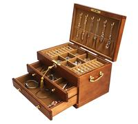 EURIELK Wooden Jewelry Box with Lock and Key for Women, 2 Drawers Medium Size Real Natural Wood Lockable Antique Girls Organizer Boxes with Large Storage, Ring Compartments, Built in Necklace Hooks