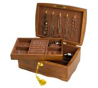 EURIELK Wooden Jewelry Box with Lock & Key for Women, Medium Size Real Natural Wood Lockable Antique Girls Organizer Boxes with Large Storage, Big Ring Compartments, & Built in Necklace Hooks, Brown