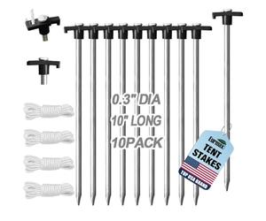 Eurmax USA Galvanized Non-Rust Camping Family Tent Pop Up Tent Stakes Ice Tools Heavy Duty 10pc-Pack, with 4x10ft Ropes & 1 Stopper(Black)