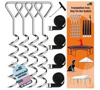 Eurmax USA Trampoline Stakes Heavy Duty Trampoline Parts Corkscrew Shape Steel Stakes Anchor Kit with T Hook for Trampolines -Set of 4 Bonus 4 Strong Belt
