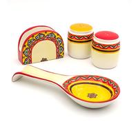 Euro Ceramica Galicia 4 Piece Table Accessory Set | Andalusian-Inspired Shakers, Spoon Rest, Napkin Holders | Vibrant Assorted Patterns, Multicolor, (GAL-1012)