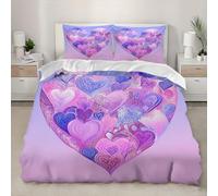 Euro Size Bedding Set 60x79 inch Romantic Heart Style Duvet Cover with Zipper Fade-Resistant Microfiber Bedding Set Pink Purple 3 Pieces for Children Teens, Ultra Soft Non Iron Quilt Cover