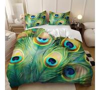 Euro Size Duvet Cover Set 61x87 inch Art Peacock Feather Pattern Soft Microfiber Duvet Covers 3 Pcs, Machine Washable Bedding Set Green with Zipper Closure with 2 Pillowcase