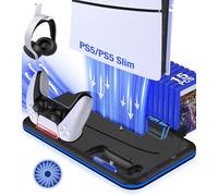PS5 Stand PS5 Slim Stand with Cooling Station and Controller Charging Station for PS5 Slim Console Disc/Digital, PS5 Cooling Fan, RGB LED, Headset Holder, 15 Game Slot for Playstation 5 Accessories