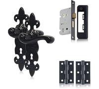 EUROART Black Antique Lever Lock Set Fleur De LYS Complete Set with Lock Door Handle 210 x 57mm, Sash Lock 65mm & 75mm Hinges for Internal Wooden Doors.