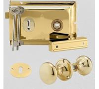 Euroart Deluxe 6;x4 Rim Lock Set with Polished Brass Knob,Surfac Mounted Door Lock with Latch, Shed Lock with Key, Vintage Gate Lock for Outdoor Sheds, Gates, or Doors.