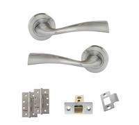 EUROART Eco Wave on Round Rose 2.5" & 3" Door Pack with Door Handle, Hinges and Latch Complete Set (Latch Set 3", Satin Chrome, 4" Slim Knuckle Hinges x2)