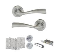 EUROART Eco Wave on Round Rose 2.5" & 3" Door Pack with Door Handle, Hinges, Bathroom Lock & Turn & Release Complete Set (Bathroom Set 3", Satin Chrome, 4" Grade 13 Hinges x3)