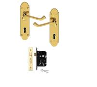 Epsum Door Handles Lever on Backplate Polished Brass with 3 Lever Lock
