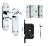 Euroart Luxury Lever Door Handles Back Plate-Lever Bathroom Door Pack, Bathroom Lock &with Hinges in Polished Chrome Finish