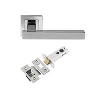 EUROART Satin/Polished Stainless Steel Door Handles Lever on Square Rose - Solid Tubular Latch Pack with Hinges