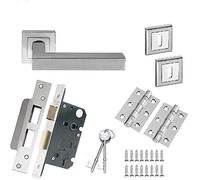 EUROART Satin/Polished Stainless Steel Square Door Handles Lever on Square Rose - Solid Lock Pack with Pair of Escutcheons & Hinges