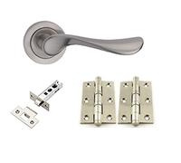 EUROART Wave Lever on Rose Door Handle Latch Pack in Satin Nickel Finish with Ball Bearing Hinges