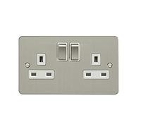 Eurolite 2 Gang 13Amp DP Switched Socket Enhance Flat Satin Stainless Steel Plate Matching Rockers White Trim