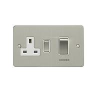Eurolite 45Amp DP Cooker Switch with 13Amp Socket Enhance Flat Satin Stainless Steel Plate Matching Rockers White Trim