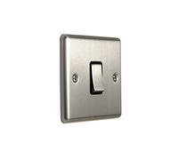 EUROLITE Brushed Satin Steel Flat Plate 1 Gang Single 10Amp 2 Way Light Switch Enhance Range Black Trim