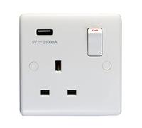 Eurolite Enhance White Plastic 13A 1 Gang Switched Socket With USB Charger (5V DC 2.1A)